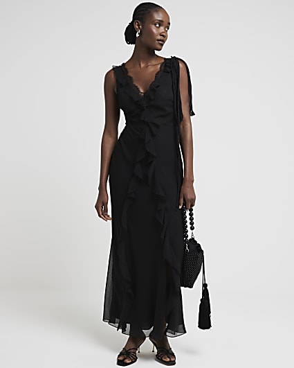 Black chiffon frill slip maxi dress