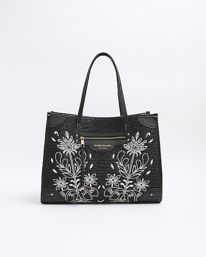 Black raffia embroidered tote bag