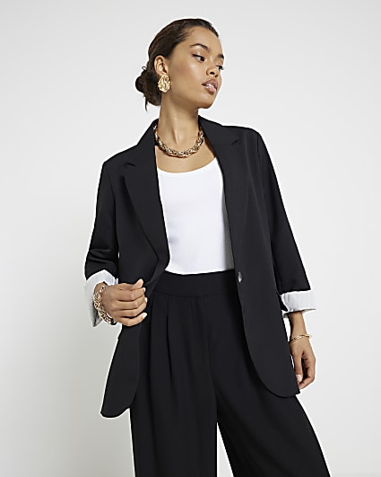 Petite black rolled sleeve blazer