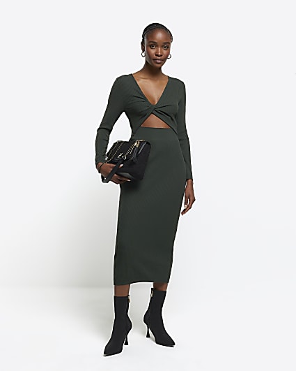 Khaki rib knot bodycon midi dress