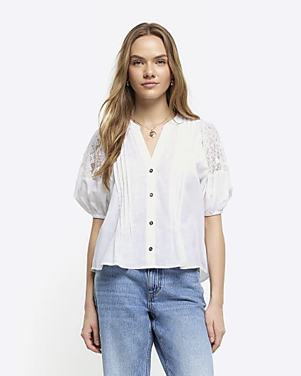 White lace panel puff sleeve blouse