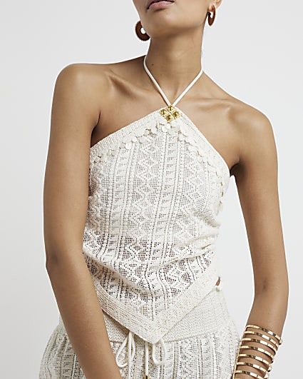 Cream crochet halter neck top