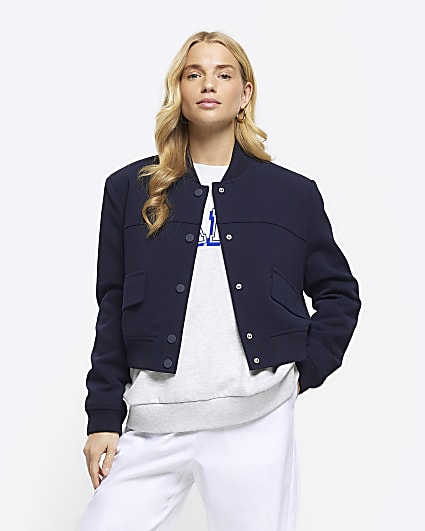 Navy tailored crop bomber jacket