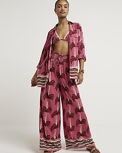 Pink palm tree wide leg beach trousers