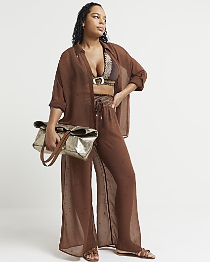 Brown sheer diamante beach trousers