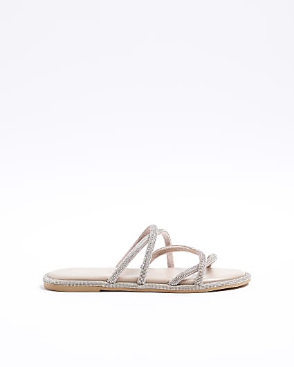 Pink wide fit leather diamante strap sandals