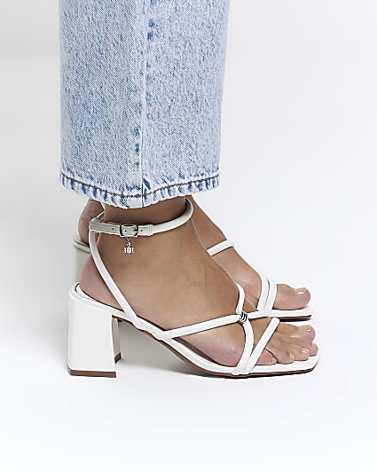 White wide fit strappy heeled sandals