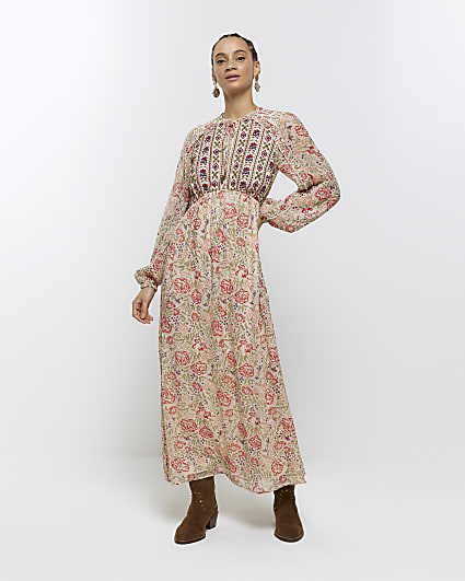 Cream floral embroidered smock midi dress