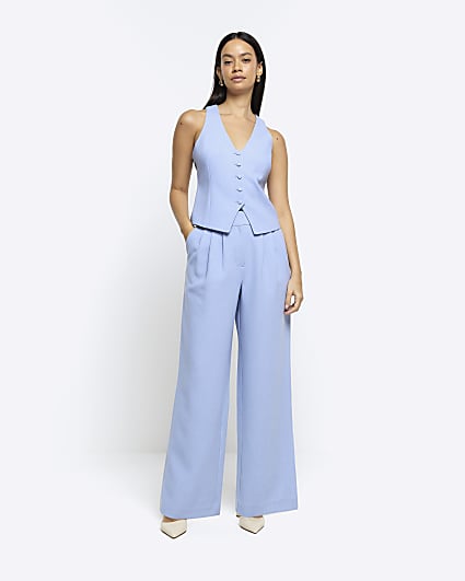 Blue pleated detail wide leg trousers