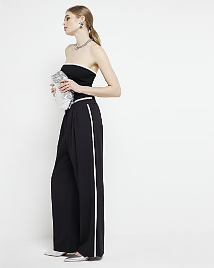 Black side stripe wide leg trousers