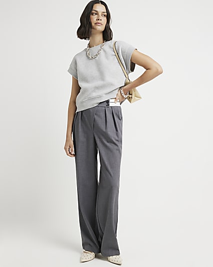 Grey asymmetric waist wide leg trousers