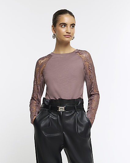 Brown rib lace long sleeve top