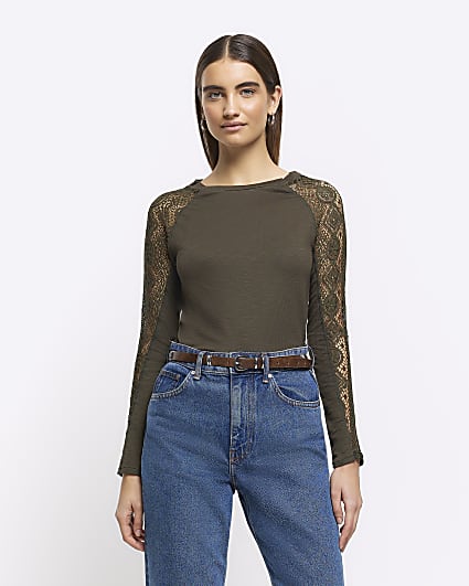 Khaki rib lace long sleeve top