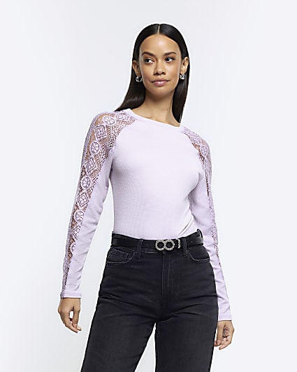 Purple rib lace long sleeve top