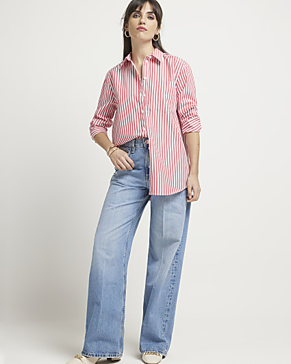 Red poplin stripe oversized shirt