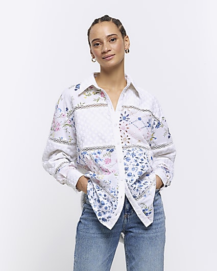 Cream floral patchwork lace shirt