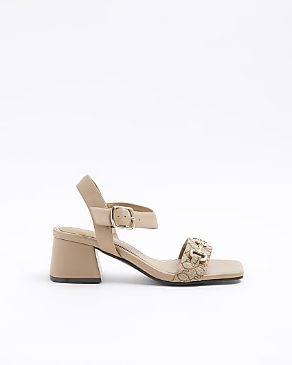 Beige chain block heeled sandals