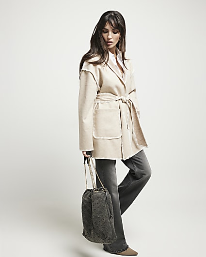 Beige stitch detail belted coat