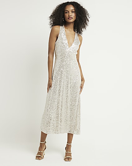 Silver sequin slip midi dress