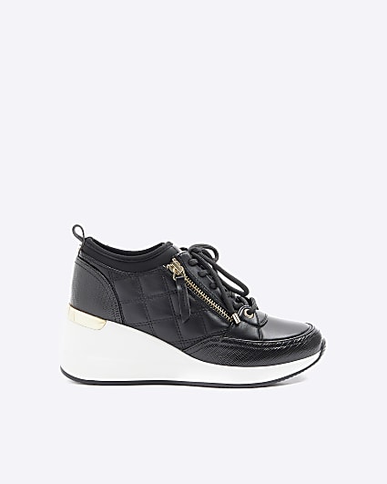 Black Wide Fit Quilted Zip Wedge Trainer