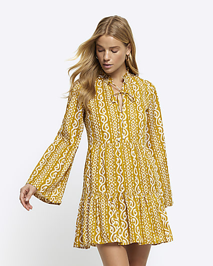 Yellow abstract smock mini dress