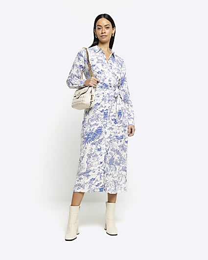 Blue floral belted midi shirt dress