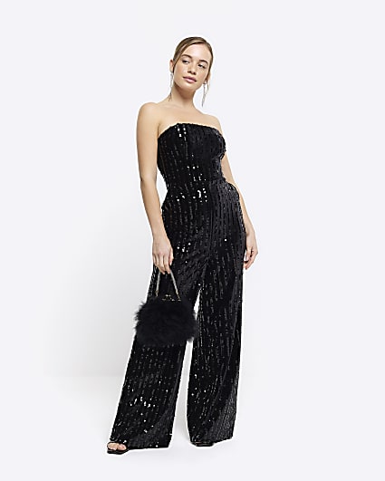 Petite black velvet sequin bandeau jumpsuit