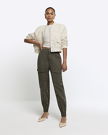 Khaki embellished cuffed cargo trousers