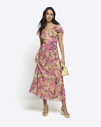 Pink floral frill sleeve swing midi dress