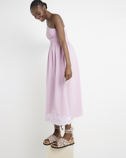 Pink shirred one shoulder smock midi dress