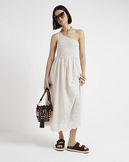 Cream Shirred One Shoulder Smock Midi Dress