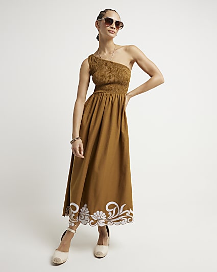 Brown shirred one shoulder smock midi dress