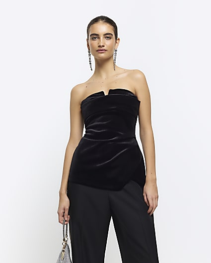 Black velvet ruched bandeau top