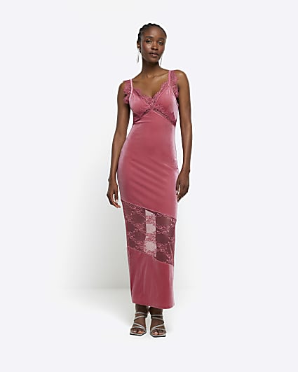 Pink velvet lace slip maxi dress