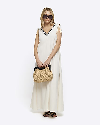 White whipstitch plunge maxi dress