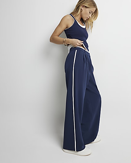 Navy side stripe wide leg trousers