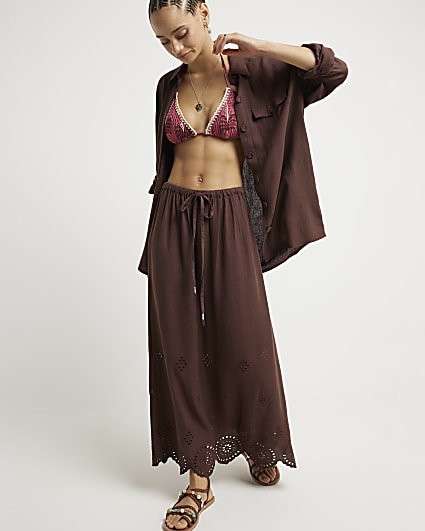 Brown linen blend broderie hem maxi skirt