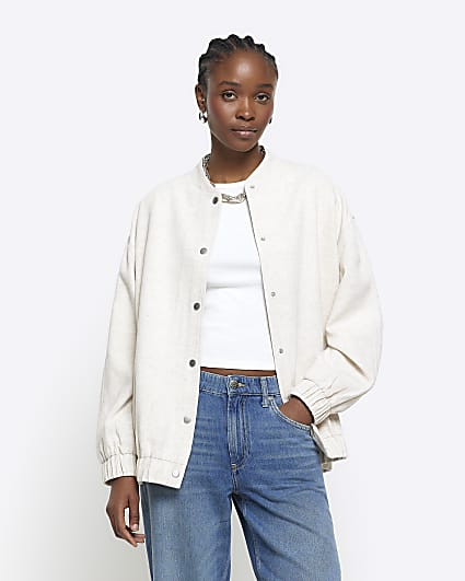 Beige Oversized Linen blend Bomber jacket