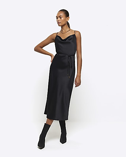 Black satin cowl neck slip midi dress