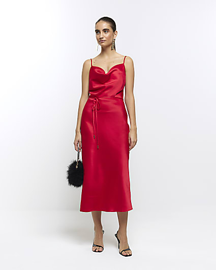 Red Cowl Neck Belted Slip Dress