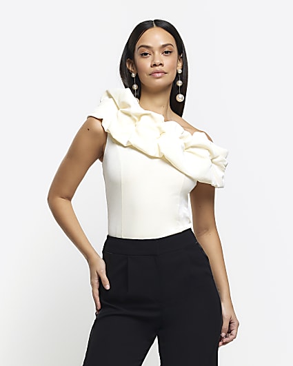 Cream velvet ruched asymmetric top