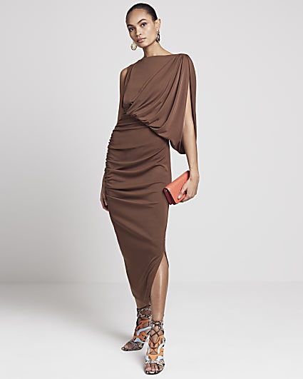 Brown drape bodycon midi dress
