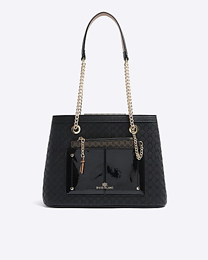 Black RI monogram pocket tote bag