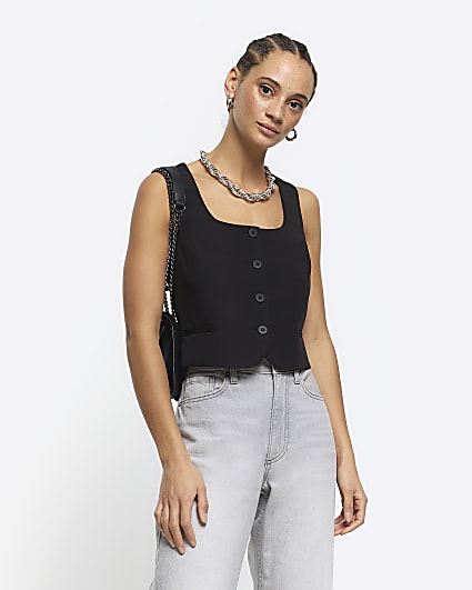 Black square neck crop waistcoat