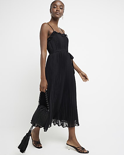 Black pleated pearl ruffle midi dress