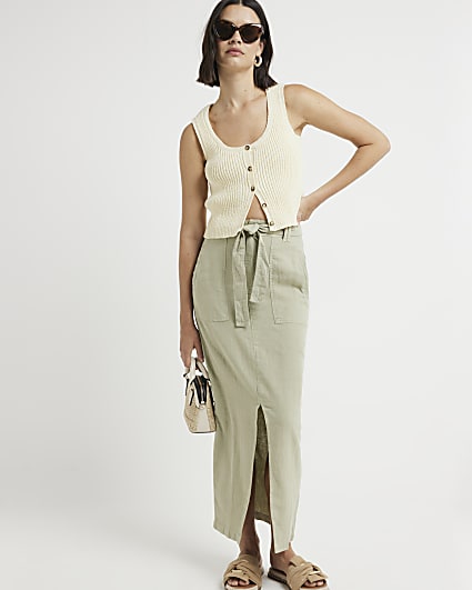 Khaki linen blend belted maxi skirt