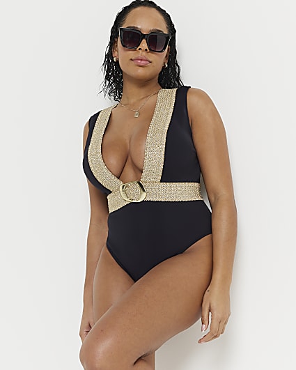 Black fuller bust elastic buckle swimsuit