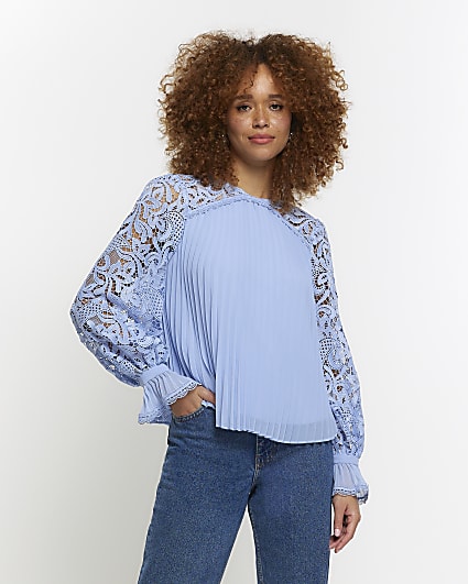 Blue plisse lace sleeve blouse