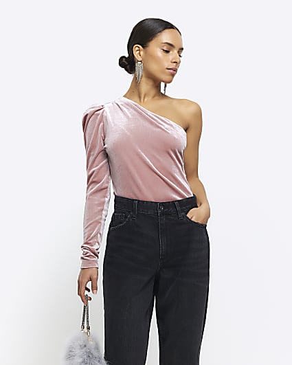 Petite pink velvet one shoulder bodysuit