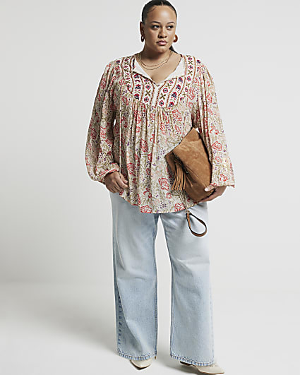 Plus cream floral embroidered smock top